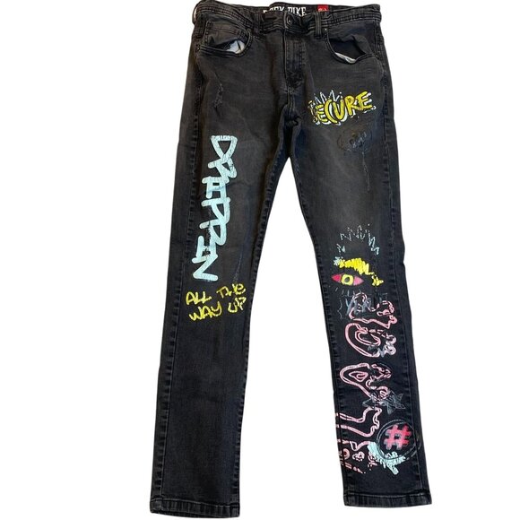 Black Pike Men's Jeans 34x29 Measured with Colorful Graphic Print Hemmed - Picture 1 of 14